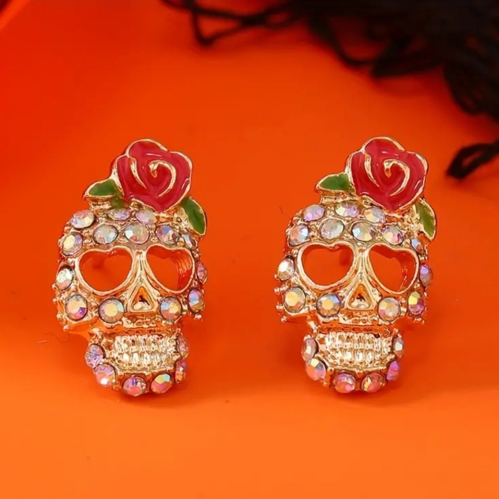 NWT! Exaggerated Punk Style Rhinestone Rose Flower Gold Skull Stud Earrings NEW